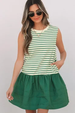 Discount Dear-Lover Woven Ruffled Sleeveless Mini Dress Green Stripe