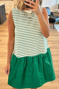 Discount Dear-Lover Woven Ruffled Sleeveless Mini Dress Green Stripe