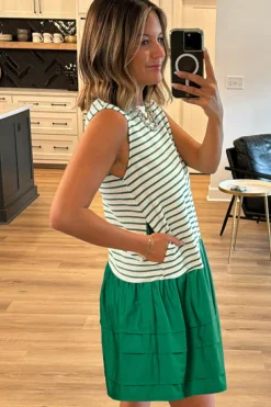 Discount Dear-Lover Woven Ruffled Sleeveless Mini Dress Green Stripe