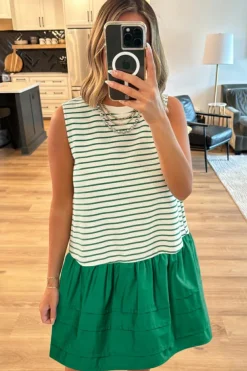 Discount Dear-Lover Woven Ruffled Sleeveless Mini Dress Green Stripe