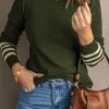 Discount Dear-Lover Striped Sleeve Plain Knit Sweater Green