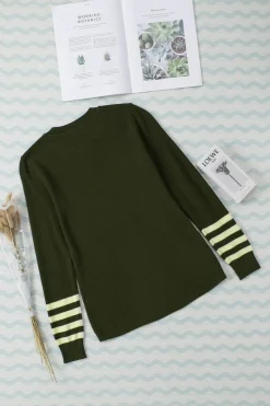 Discount Dear-Lover Striped Sleeve Plain Knit Sweater Green
