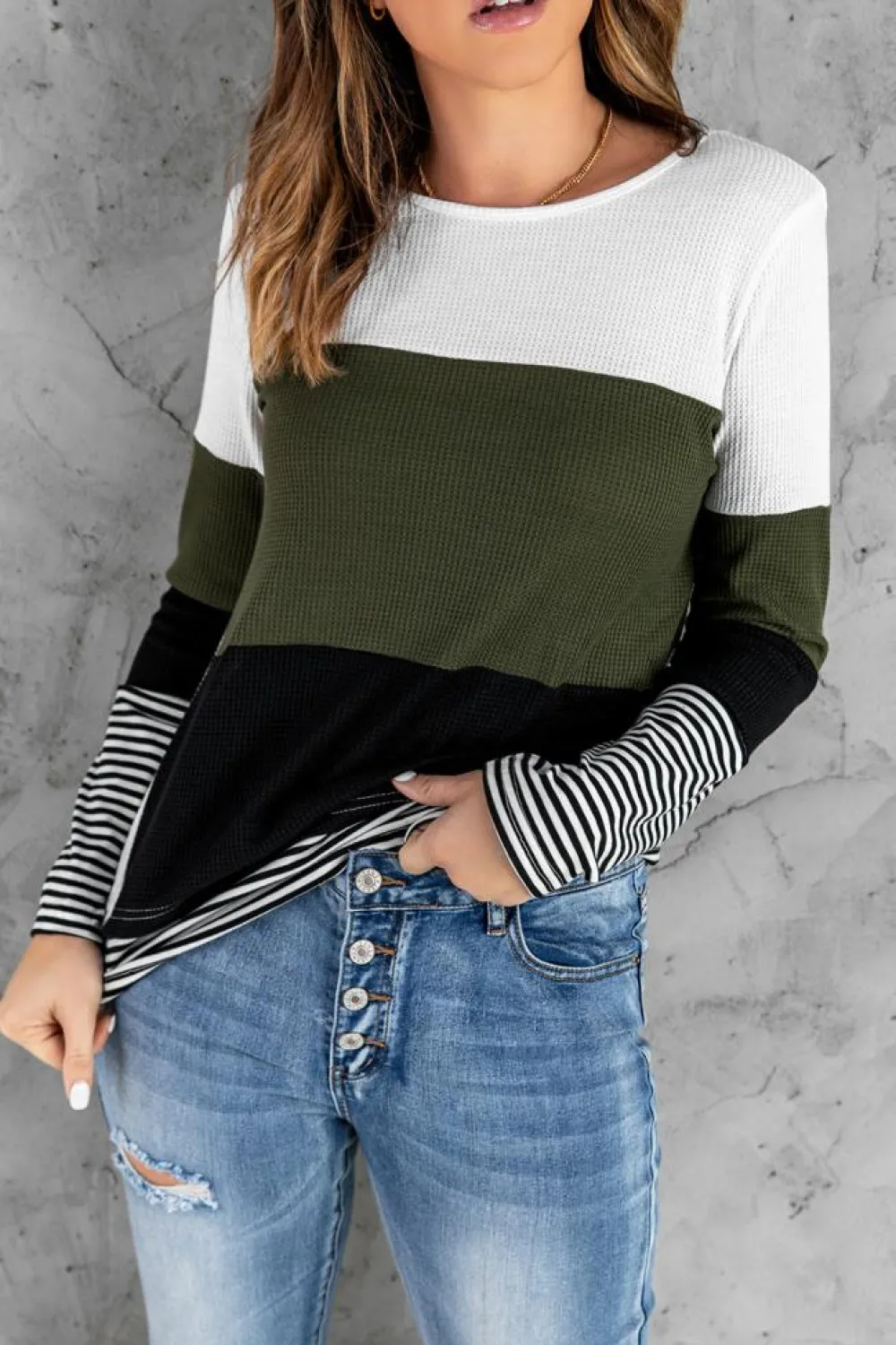 Discount Dear-Lover Stylish Colorblock Splicing Stripes Top Green