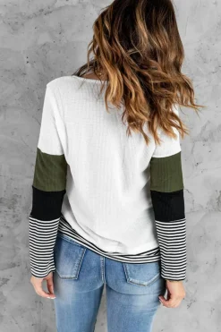 Discount Dear-Lover Stylish Colorblock Splicing Stripes Top Green