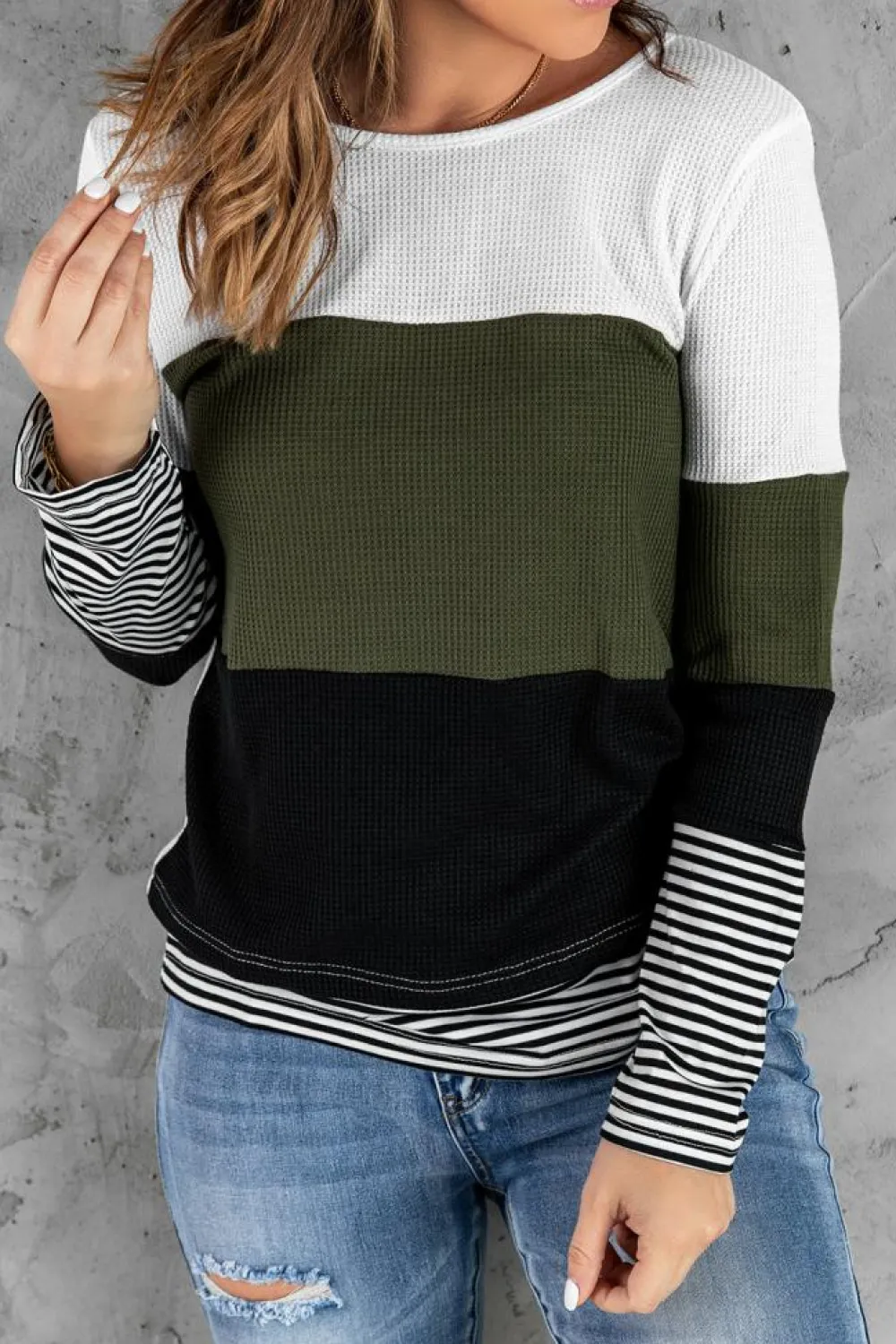 Discount Dear-Lover Stylish Colorblock Splicing Stripes Top Green