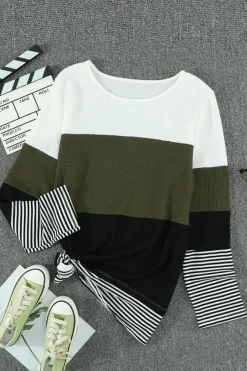 Discount Dear-Lover Stylish Colorblock Splicing Stripes Top Green