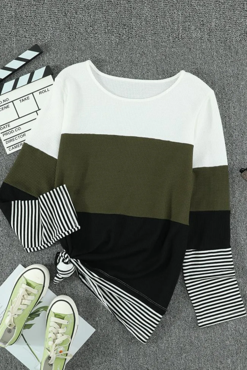 Discount Dear-Lover Stylish Colorblock Splicing Stripes Top Green