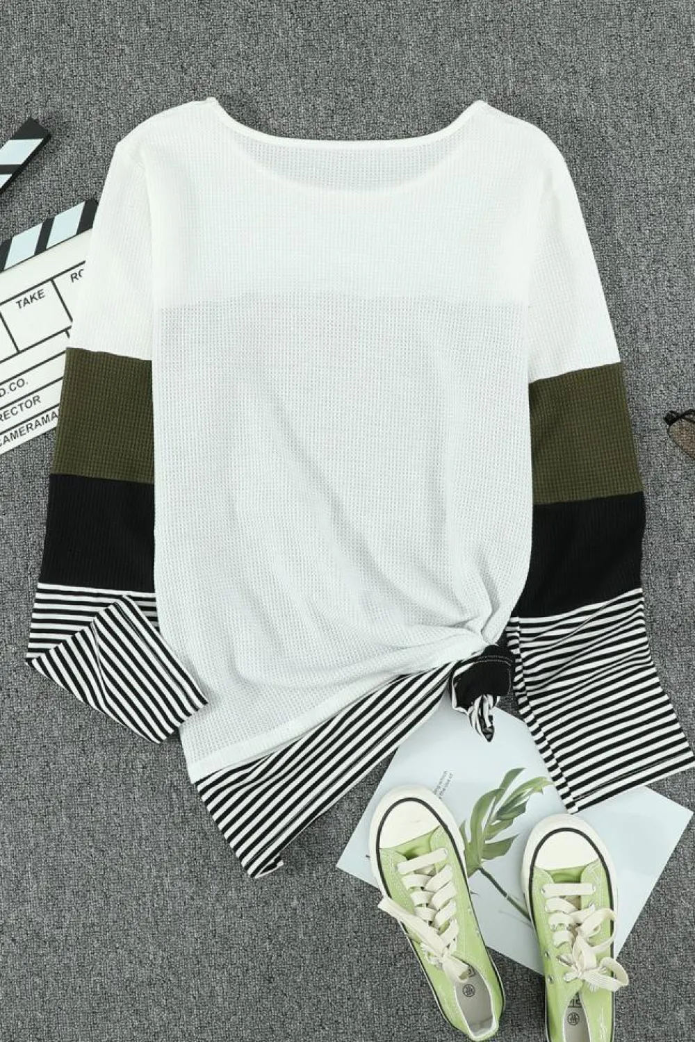 Discount Dear-Lover Stylish Colorblock Splicing Stripes Top Green