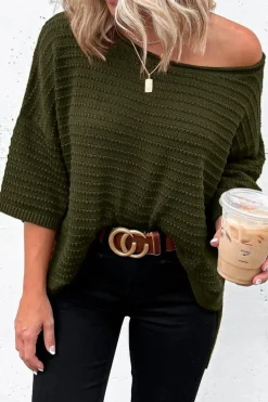 Discount Dear-Lover Textured Knit Drop Shoulder Short Sleeve Sweater Green