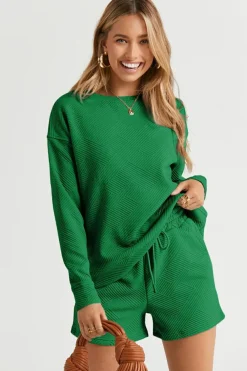 Best Dear-Lover Textured Long Sleeve Top and Drawstring Shorts Set Green