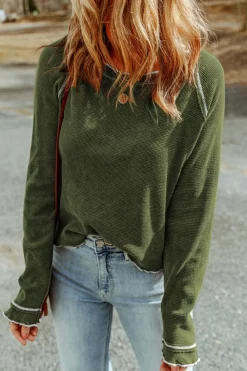 Clearance Dear-Lover Green Textured Round Neck Long Sleeve Top Jungle Green