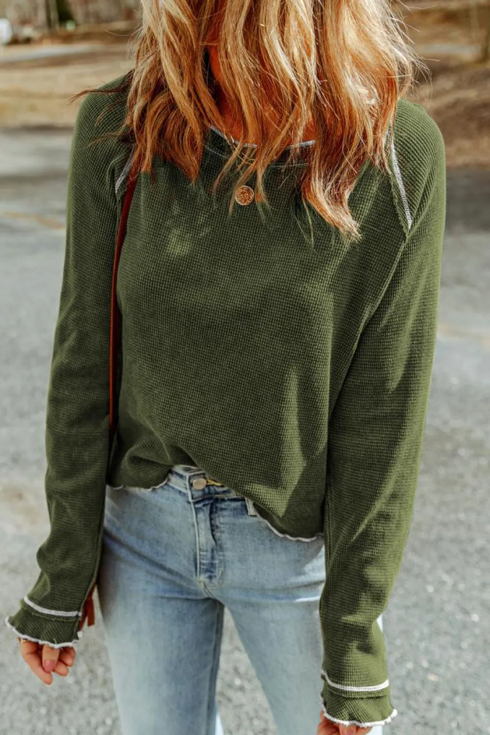Clearance Dear-Lover Green Textured Round Neck Long Sleeve Top Jungle Green