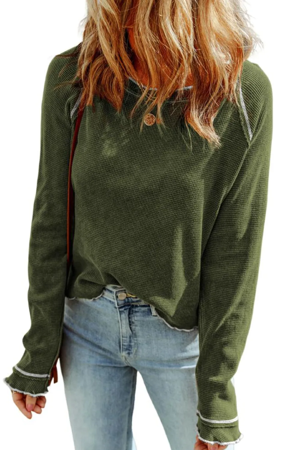 Clearance Dear-Lover Green Textured Round Neck Long Sleeve Top Jungle Green
