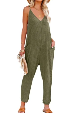 Discount Dear-Lover Textured Sleeveless V-Neck Pocketed Casual Jumpsuit Green