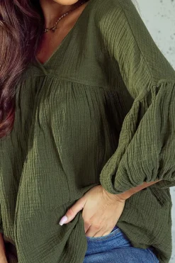 Fashion Dear-Lover Textured V Neck Bracelet Sleeve Babydoll Blouse Green
