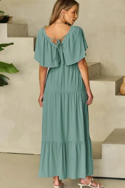 Discount Dear-Lover Green Textured V Neck Flutter Sleeve Ruffled Maxi Dress Blackish Green