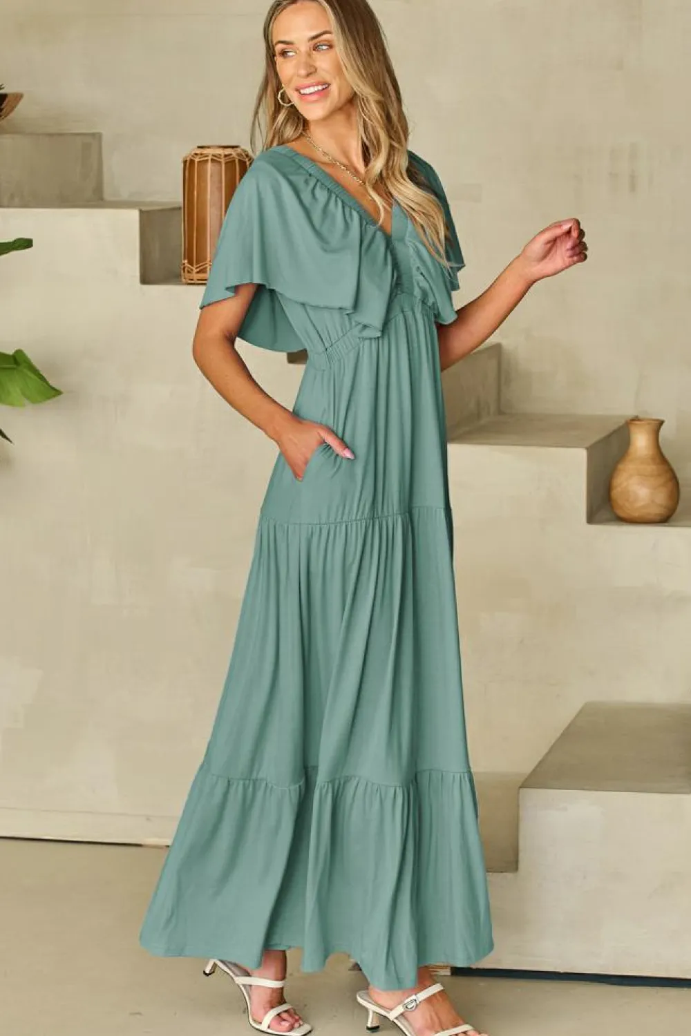 Discount Dear-Lover Green Textured V Neck Flutter Sleeve Ruffled Maxi Dress Blackish Green