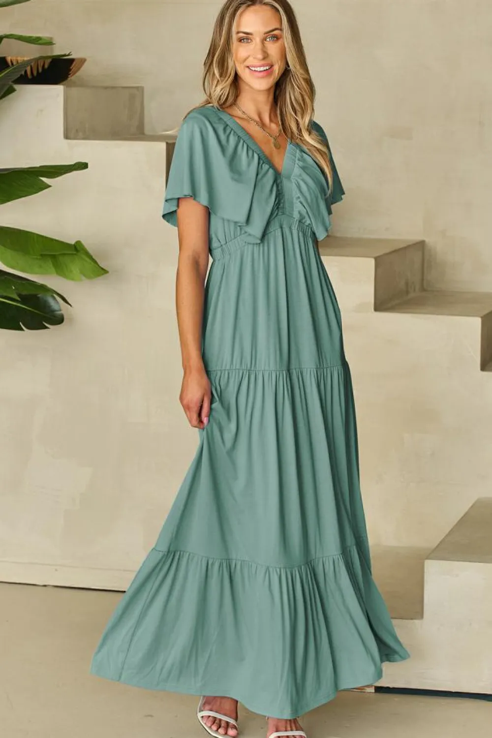 Discount Dear-Lover Green Textured V Neck Flutter Sleeve Ruffled Maxi Dress Blackish Green