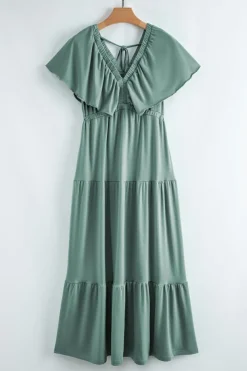 Discount Dear-Lover Green Textured V Neck Flutter Sleeve Ruffled Maxi Dress Blackish Green