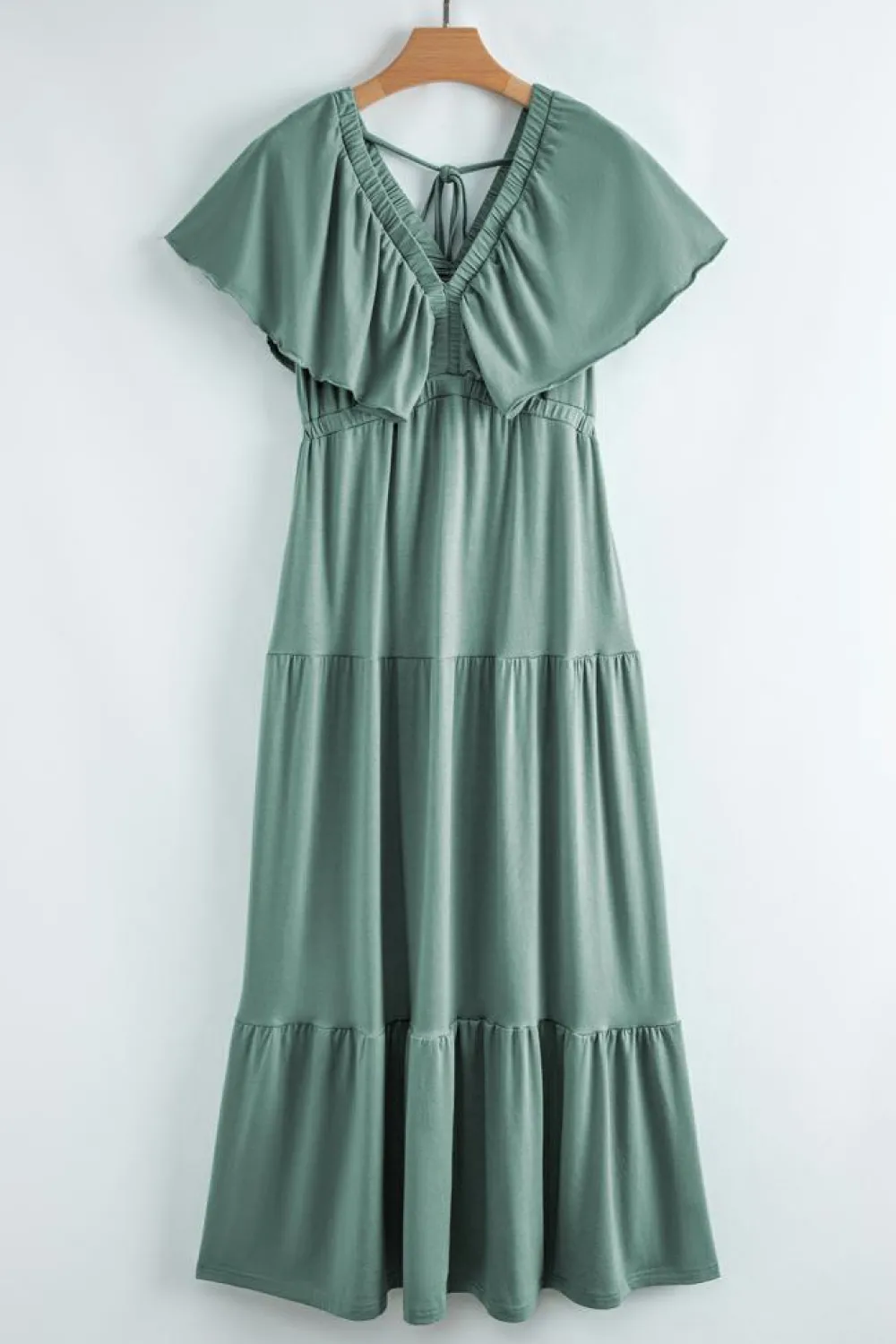 Discount Dear-Lover Green Textured V Neck Flutter Sleeve Ruffled Maxi Dress Blackish Green