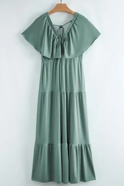 Discount Dear-Lover Green Textured V Neck Flutter Sleeve Ruffled Maxi Dress Blackish Green