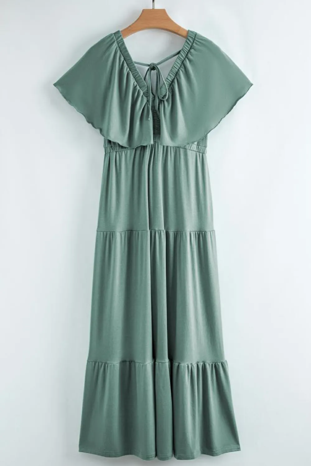 Discount Dear-Lover Green Textured V Neck Flutter Sleeve Ruffled Maxi Dress Blackish Green