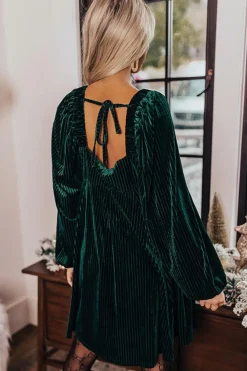 Sale Dear-Lover Tie Back Square Neck Velvet Babydoll Dress Green