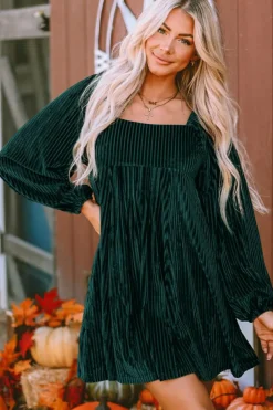Sale Dear-Lover Tie Back Square Neck Velvet Babydoll Dress Green
