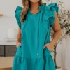 Outlet Dear-Lover Tiered Ruffled Sleeves Mini Dress with Pockets Green
