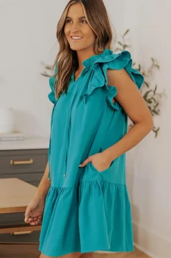 Outlet Dear-Lover Tiered Ruffled Sleeves Mini Dress with Pockets Green