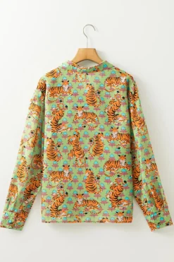Outlet Dear-Lover Tiger Floral Printed Collared V Neck Casual Shirt Green