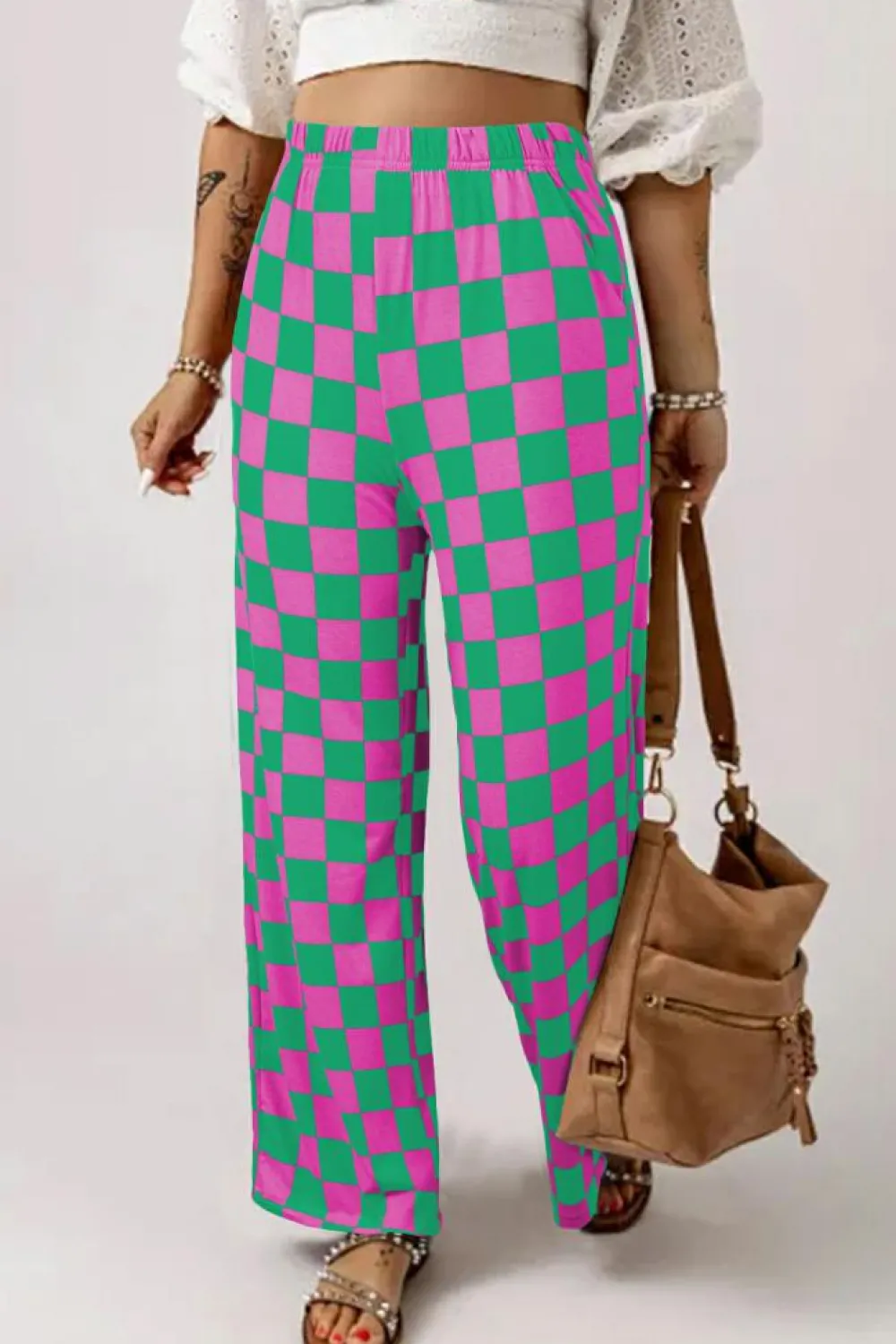 Best Dear-Lover 2-Tone Checked Print High Waist Wide Leg Pants Green