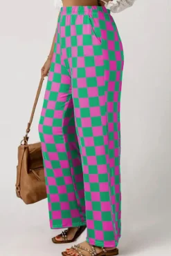 Best Dear-Lover 2-Tone Checked Print High Waist Wide Leg Pants Green