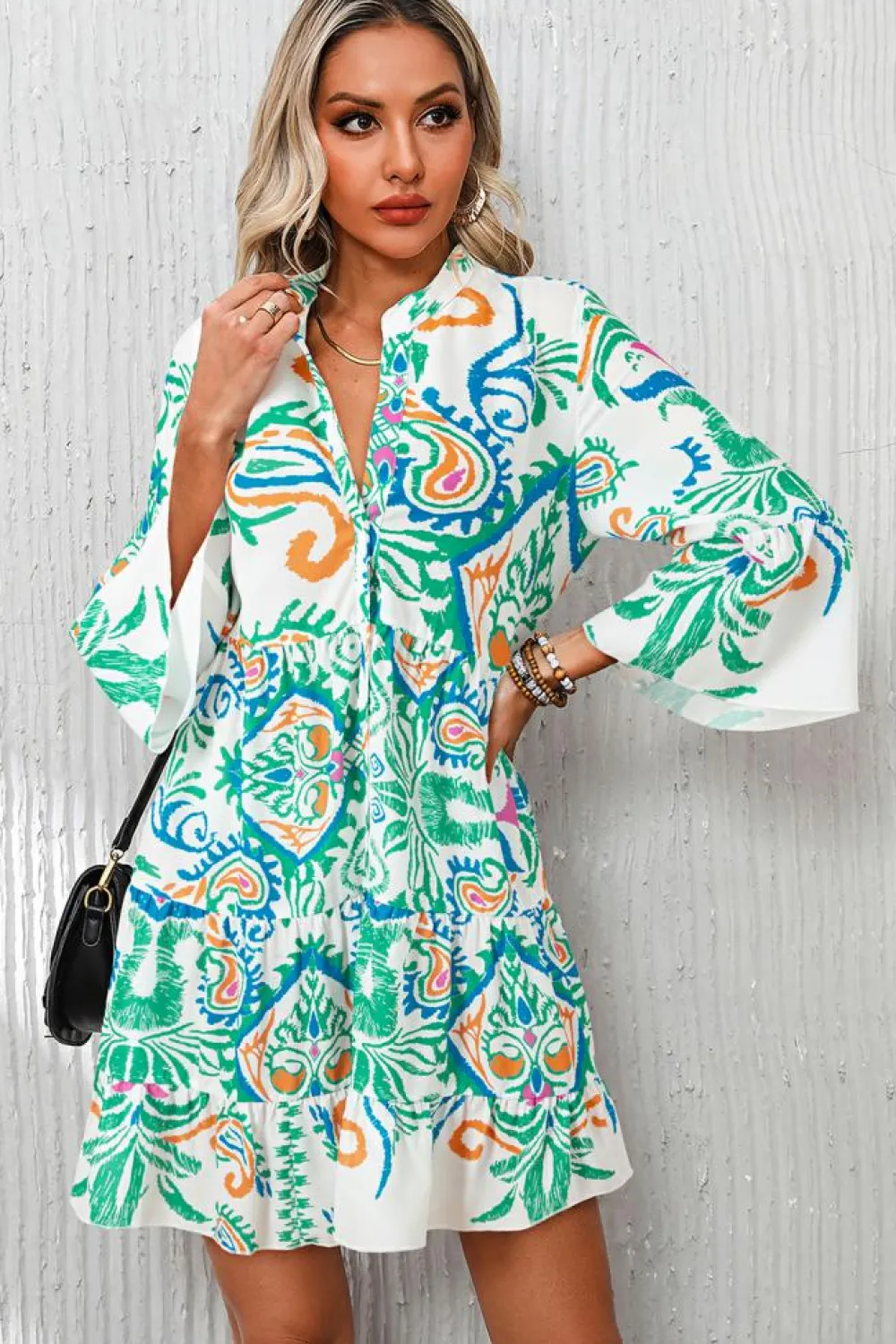 New Dear-Lover Tribal Bracelet Sleeve Buttoned Mini Dress Green