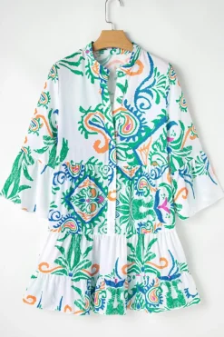 New Dear-Lover Tribal Bracelet Sleeve Buttoned Mini Dress Green
