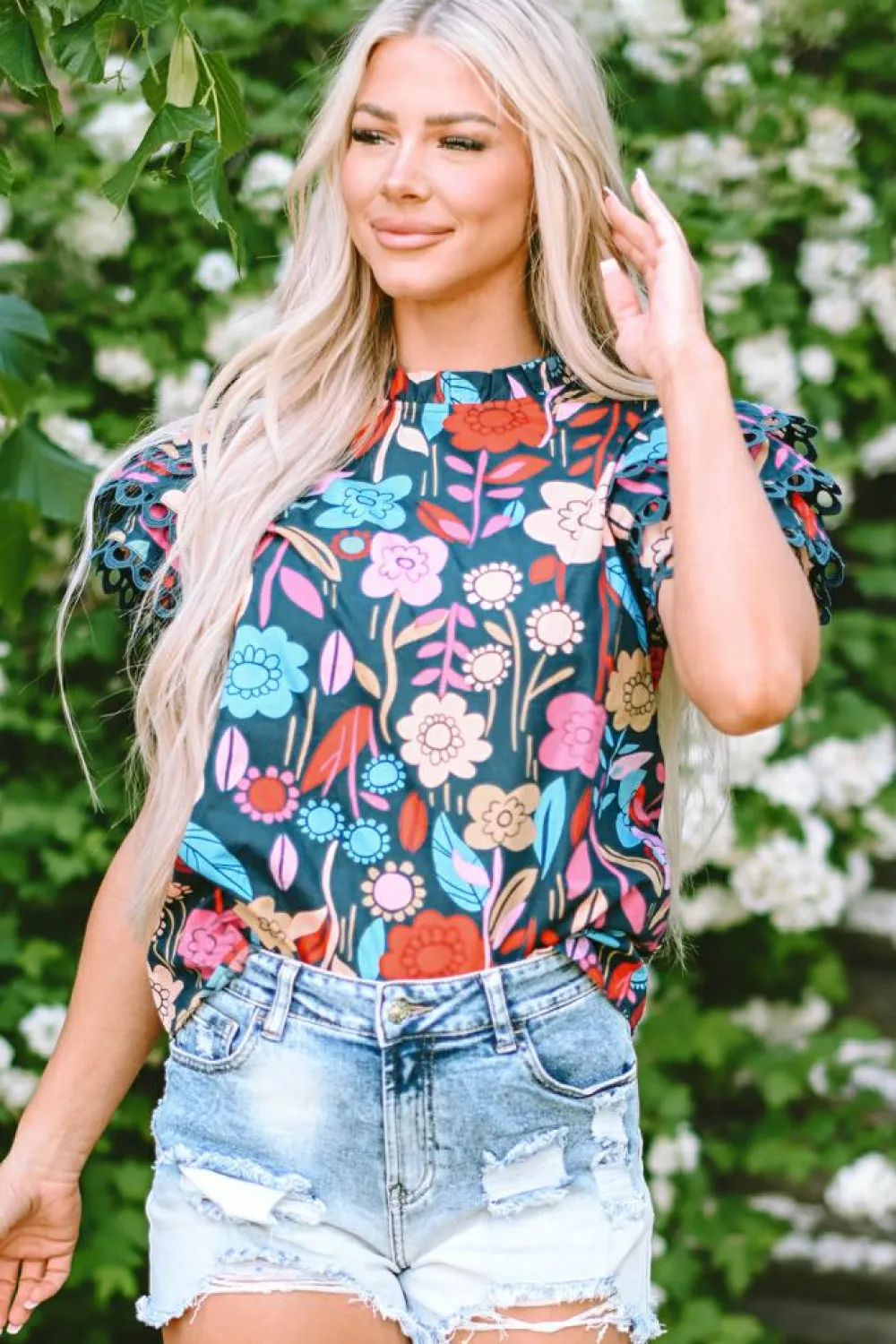 Sale Dear-Lover Trimmed Ruffle Sleeve Summer Floral Blouse Green