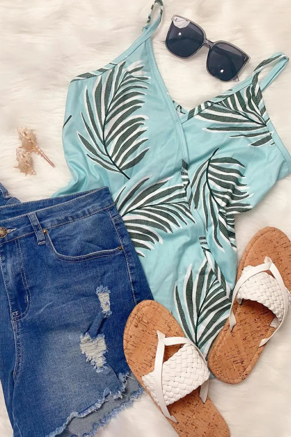 Sale Dear-Lover Tropical Plant Print Tank Top Green