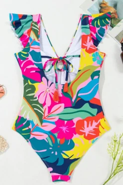 Online Dear-Lover Tropical Print V Neck Tied Backless One Piece Swimsuit Green