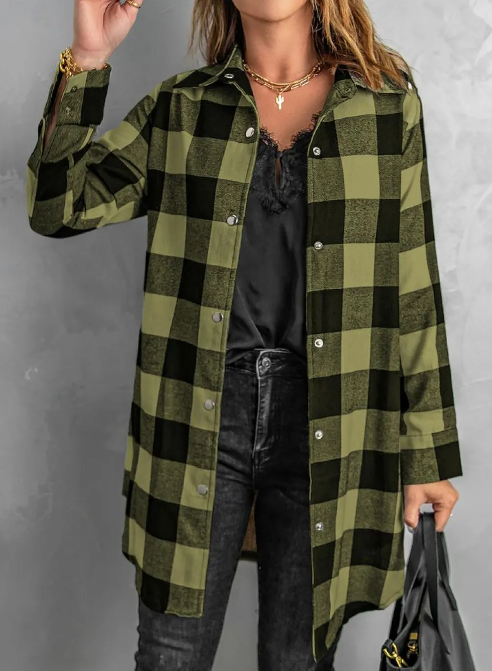 Discount Dear-Lover Turn-down Collar Plaid Shirt Coat Green
