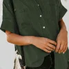Fashion Dear-Lover Turn-down Collar Short Sleeve Denim Shirt Green