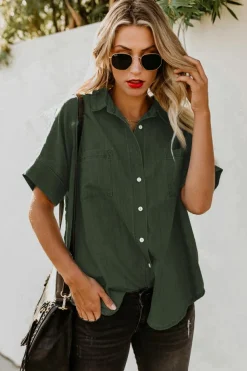 Fashion Dear-Lover Turn-down Collar Short Sleeve Denim Shirt Green