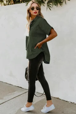Fashion Dear-Lover Turn-down Collar Short Sleeve Denim Shirt Green