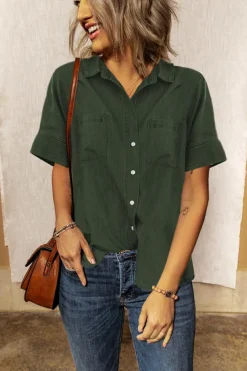 Fashion Dear-Lover Turn-down Collar Short Sleeve Denim Shirt Green