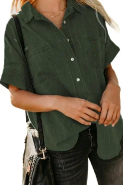 Fashion Dear-Lover Turn-down Collar Short Sleeve Denim Shirt Green