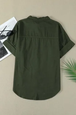 Fashion Dear-Lover Turn-down Collar Short Sleeve Denim Shirt Green