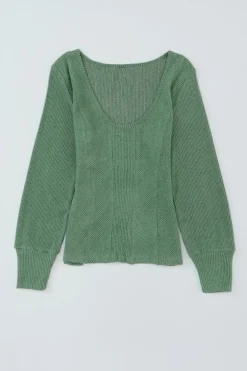 New Dear-Lover U Neck Textured Long Sleeve Top Green