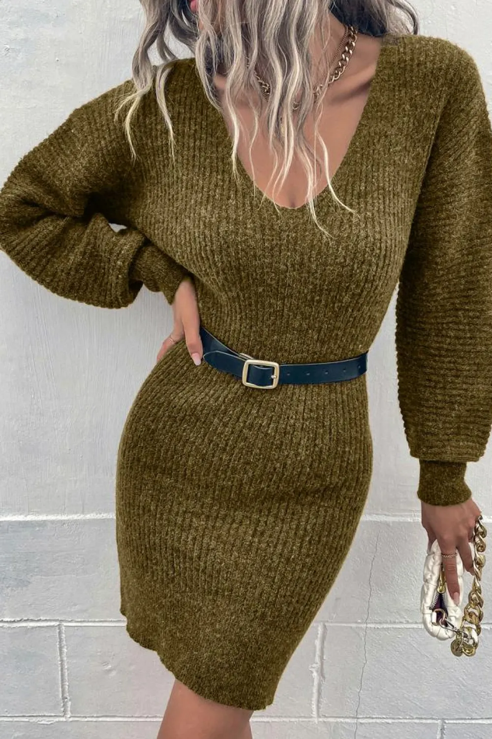 Best Dear-Lover V Neck Bodycon Sweater Dress Green
