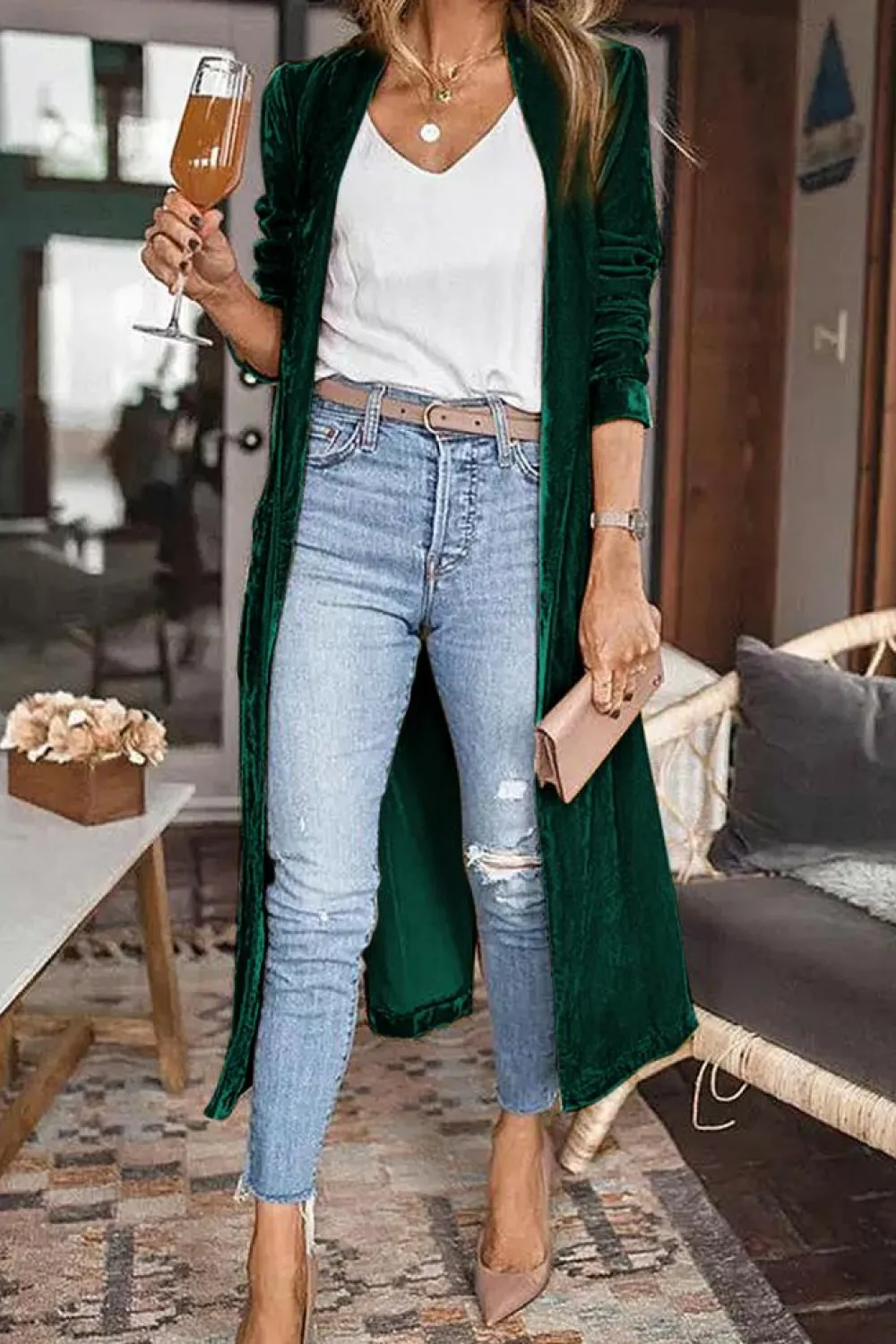 Clearance Dear-Lover Velvet Open Front Pocketed Long Duster Green