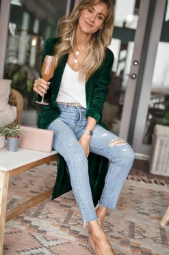 Clearance Dear-Lover Velvet Open Front Pocketed Long Duster Green