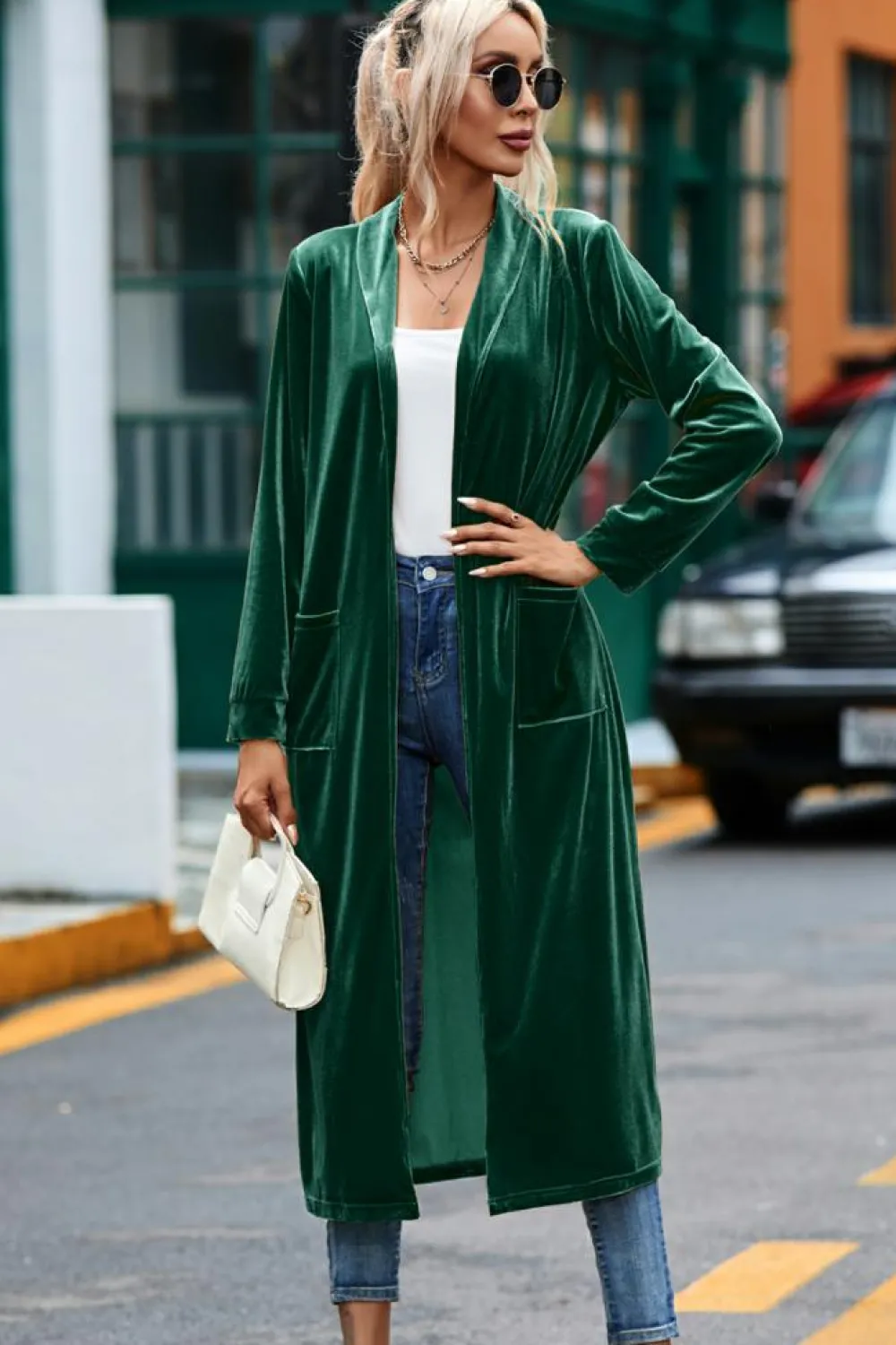 Clearance Dear-Lover Velvet Open Front Pocketed Long Duster Green